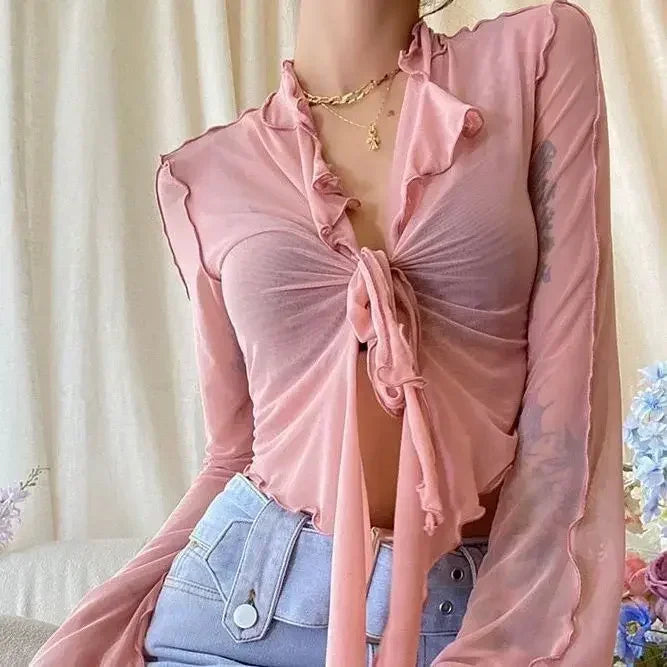 Long Flare Sleeve Sweet Girls Korean Blouses