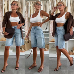 American Street Style Urban Leisure Loose Washed Hole Denim Shorts