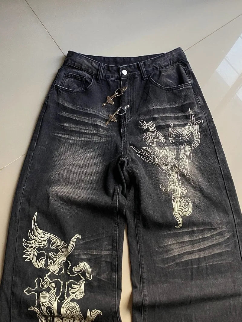 American Vintage Pattern Printing Black Baggy Jeans Y2K Gothic Harajuku Hip Hop Casual Joker Wide-leg Pants