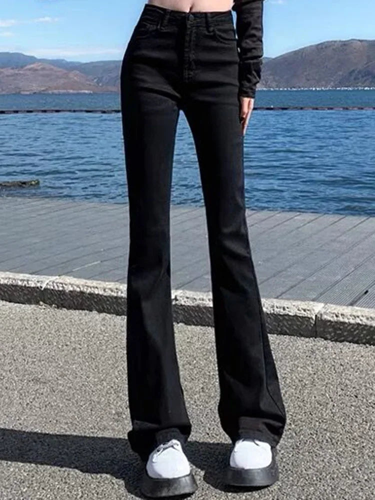 Korean Flare Jeans Girls High Waist Elastic Boot Cut Pants Lady Vintage Blue Black Gray Brown Denim Bell Bottom Trousers