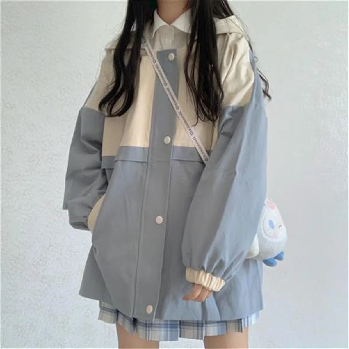 Cute Charm Outdoors Oversized Blue Series Hoodie Button Street Clothing Retro Simple Pullover Sweatshirt