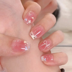 24Pcs Pink Cat Blue Love Cute Short Ballet Press on False Nails Sweet French Cat Eye Bow Star Designs Style Detachable Nails Set