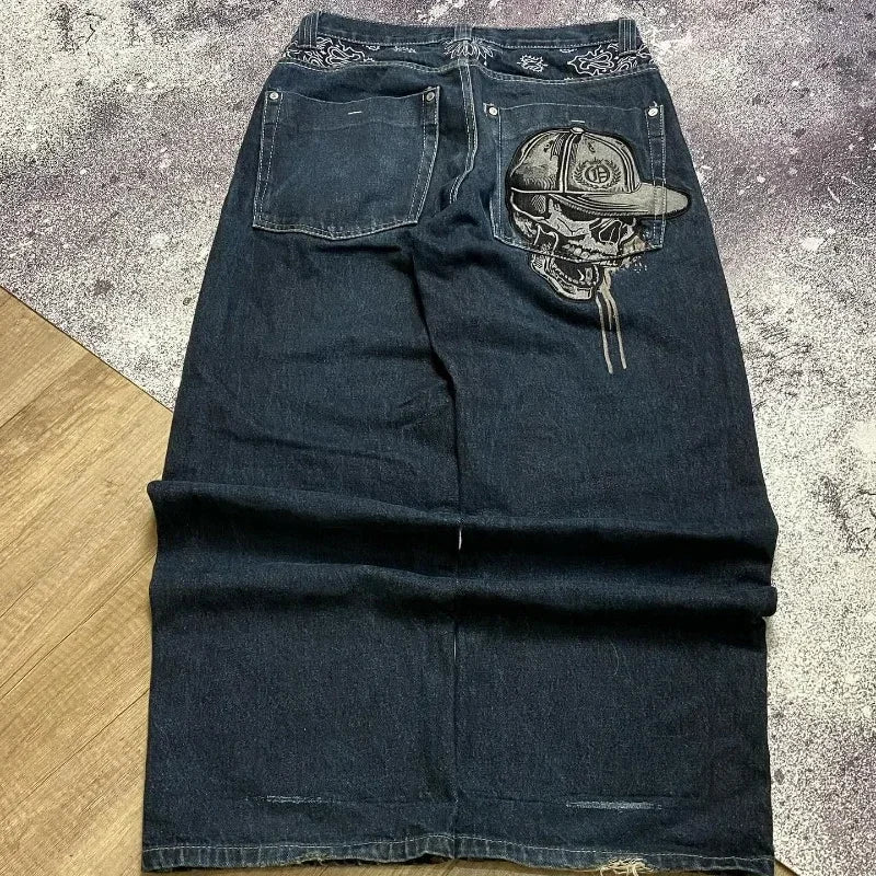 Y2k Hip Hop American Wide Leg Pants Gothic Zipper Skull Embroidered Jeans Harajuku Vintage High Waist Casual Jeans Unisex