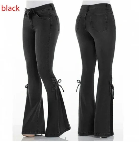 Full Length Flare Pants Jean Washed Denim Pants Zipper Fly Loose Fit Pockets High Waist Basics Lace Up Vintage Solid
