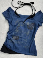 Vintage Fake Two Piece Halter Lace Up T-shirts Y2k Slim Fit Print Tops Off Shoulder Short Sleeve Tee Shirt