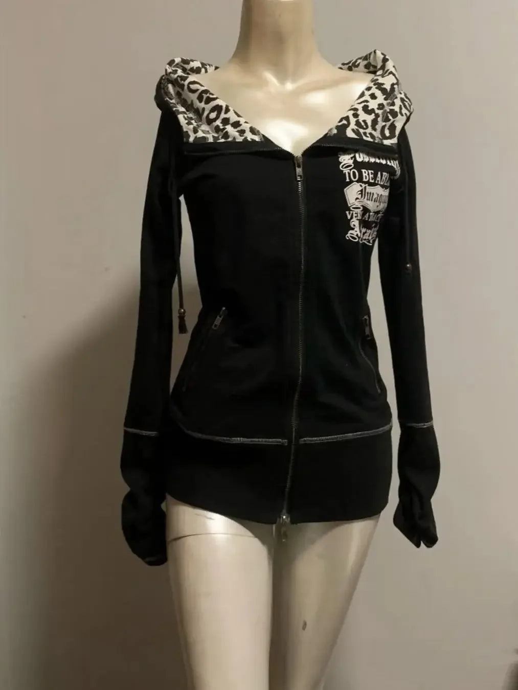 Y2k Harajuku Retro Leopard Black Sportswear Hip Hop Slim Fit Spicy Girl Retro Multi Functional Hoodie Gothic Punk Zipper Hoodie