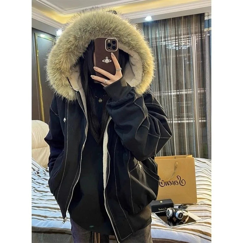 American Street Fur Collar Zipper Hooded Jacket Retro Velvet Thickened Warm Loose
