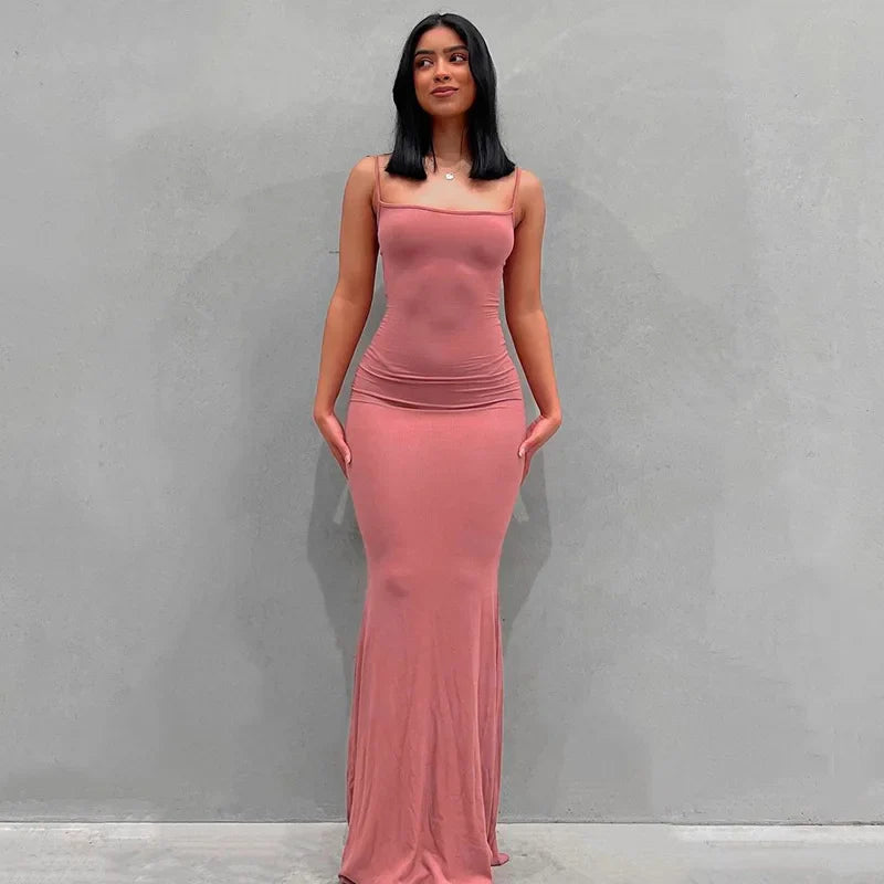 Backless solid color Long Dresses Elastic High Waist Strapless Bodycon Dress Party Skinny Sleeveless Robe