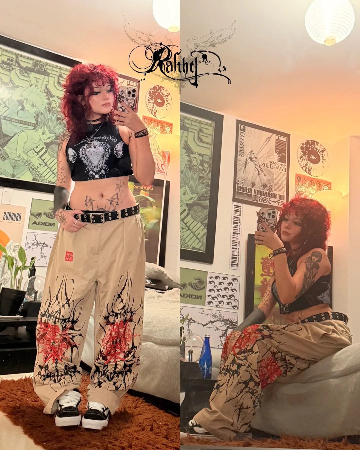 Y2K Goth Streetwear Cargo Pants Beige Wide Leg Trousers with Red Floral Graffiti Print Loose Fit Casual Punk Hip Hop Bottoms