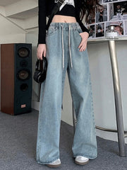 Botvotee Elastic Waist High Waist Wide Leg Jeans