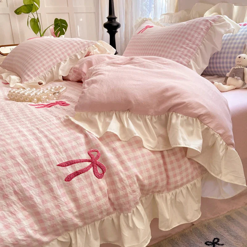 Korean Style Bedding Sets Pink Grid Bow Quilt Cover Romantic Bed Sheet Sets Girls Bedroom Duvet Cover 4pcs