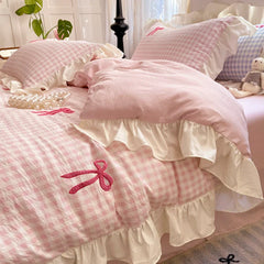 Korean Style Bedding Sets Pink Grid Bow Quilt Cover Romantic Bed Sheet Sets Girls Bedroom Duvet Cover 4pcs