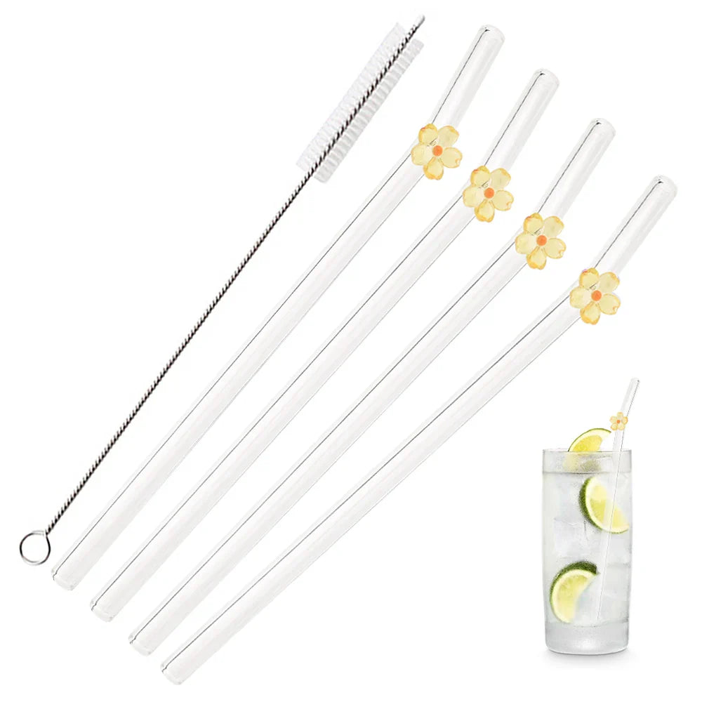 5Pcs 8mm Glass Straw Reusable Drinking Straws Cute Flower Heat-Resistant Straw