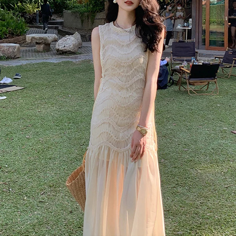 White Sleeveless Waist Skirt High End Dress Temperament Light Luxury Skirt