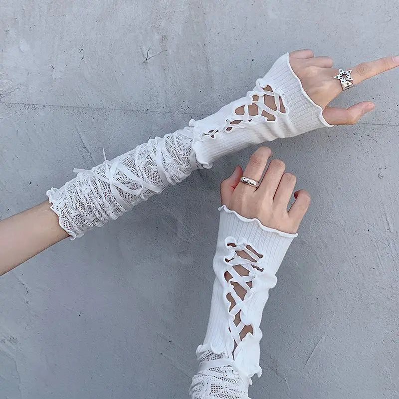 Lolita Gloves Ballet Style White Lace Sleeves Thin Sunscreen Spicy Y2K Girl Strap Gloves