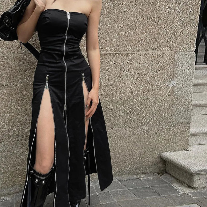 Goth Dark Techwear Zip Up Midi Dresses Cyber Y2k Mall Gothic Split Tube Dress Partywear Punk Off Shoulder Outfits