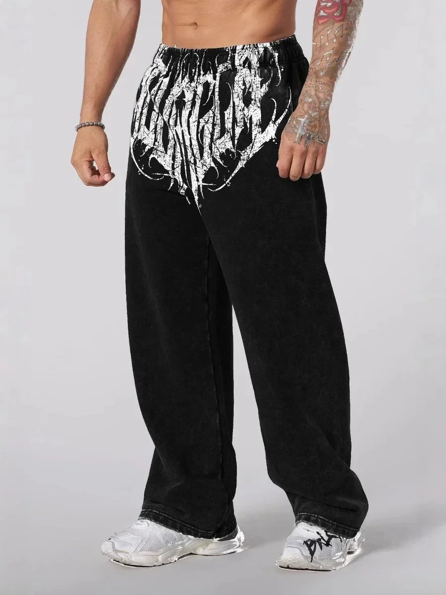 American Style Trend Printed Cotton Straight Wide Leg Pants Fitness Training Jogger Casual Sweatpants Sports Pants