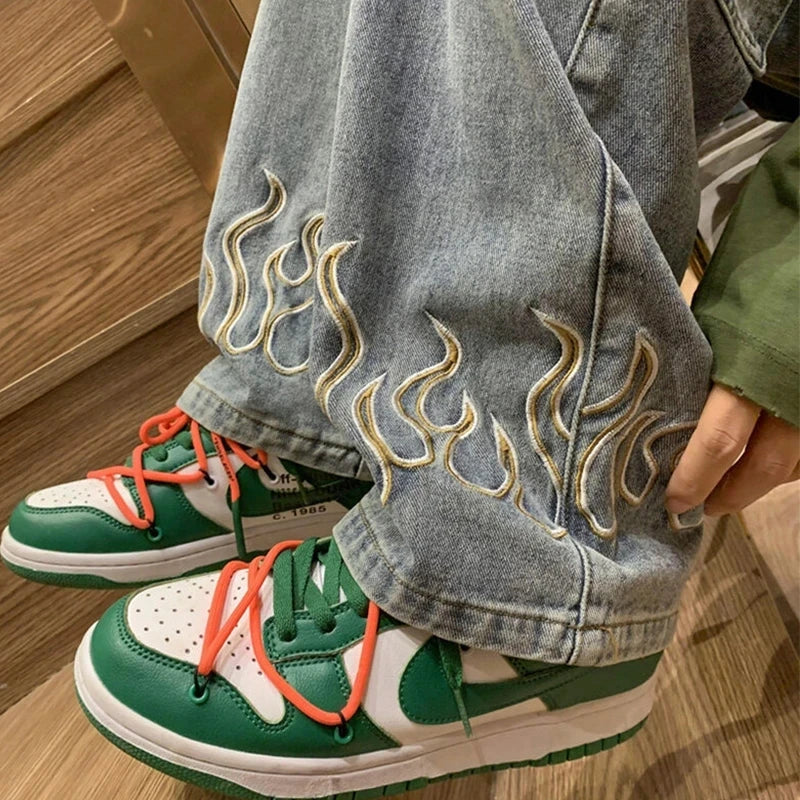 Flame Embroidery Jeans Neutral Wide Leg Denim Trousers Loose Straight Jeans Youth Casual Baggy Hip Hop Pants