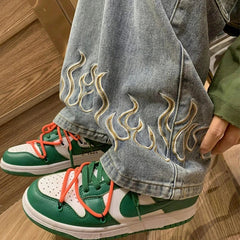 Flame Embroidery Jeans Neutral Wide Leg Denim Trousers Loose Straight Jeans Youth Casual Baggy Hip Hop Pants