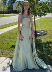 Satin Prom Dresses Pockets Draped Neck Long