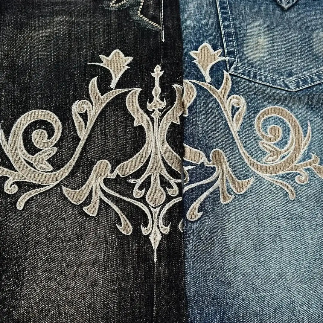 Y2K American retro embroidery pattern horn -shaped jeans street Gothic slim mop pants jeans
