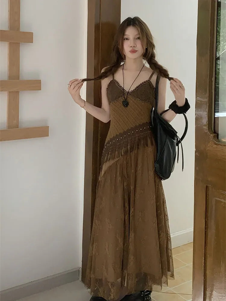 Korean style Ethnic Irgular Spaghettic Strap Fairy Boho Hippie Dress Tassel Mesh Stitching Spice Beach Slim Dress