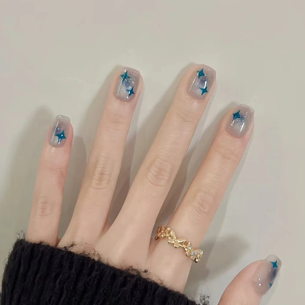 24Pcs Pink Cat Blue Love Cute Short Ballet Press on False Nails Sweet French Cat Eye Bow Star Designs Style Detachable Nails Set