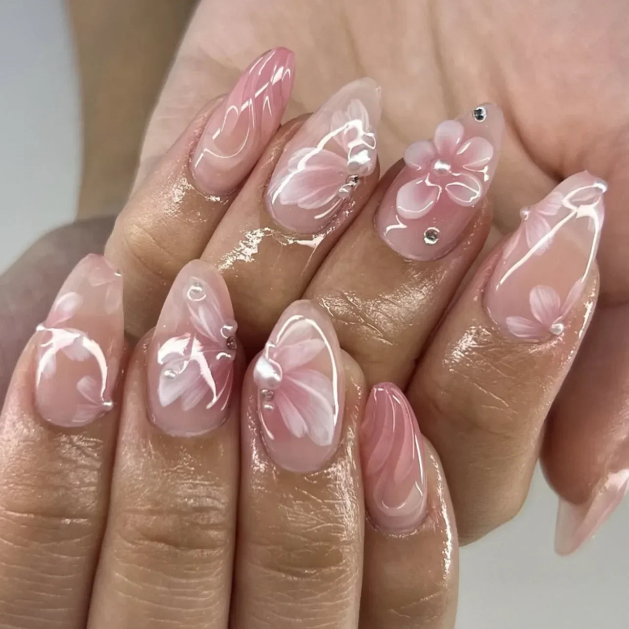 Pink Yellow Halo Dyeing Flower Water Ripple False Nails Leopard Long Pointed Fake Nails Art Press on Nails Charm Manicure