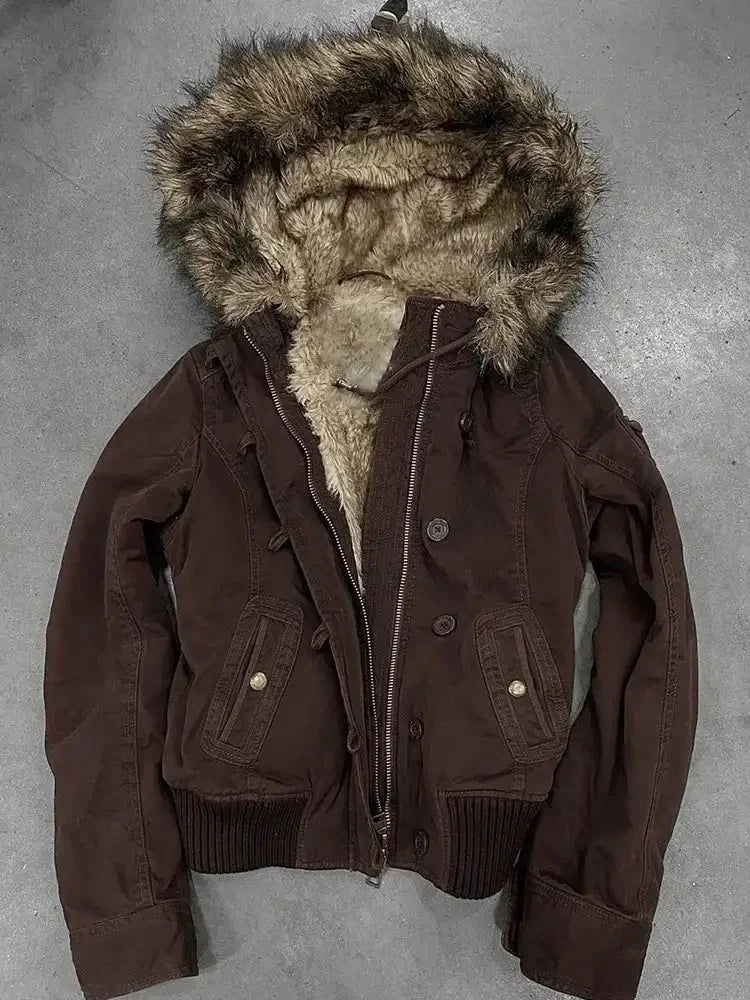 Y2K Hooded Jacket Short Bomber Coat Faux Fur Collar Warm Casual Streetwear Zipper Outerwear Ladies Clothes