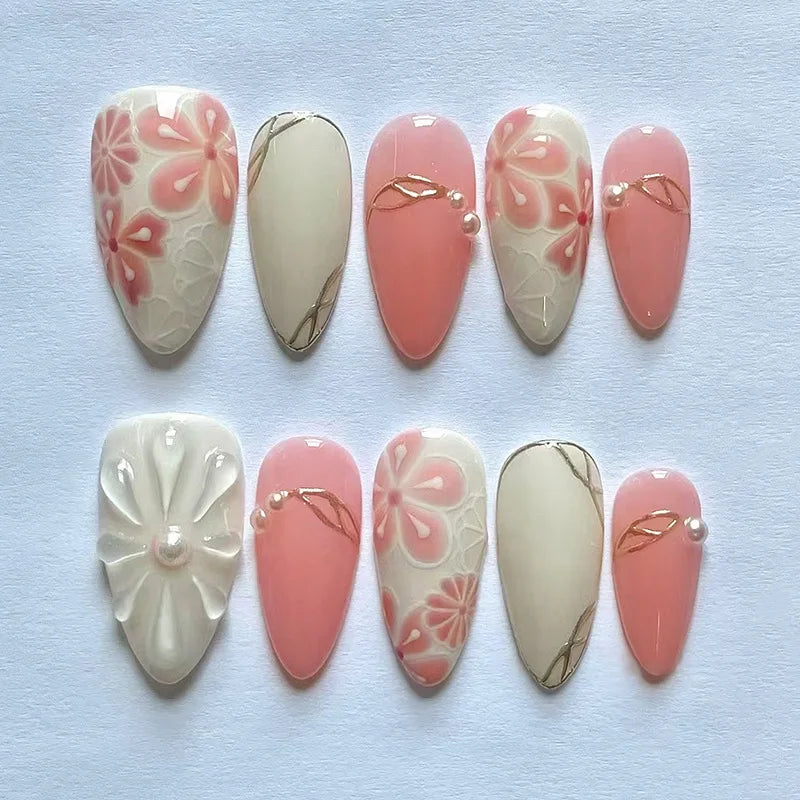 24PCS Wine Red Almond Press on Nails Cartoon Rabbit Bowknot with Plaid Pearl Designs French Fake Nails