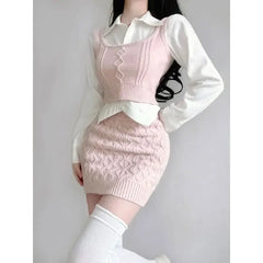 Suite Niche Korean Style Sweatervest Skirt Set Three Piece Single Piece Ins Overlay