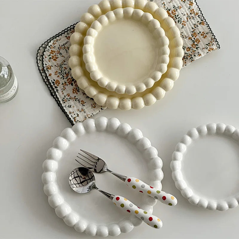 Ins Style Beaded Dessert Plate French Western Food Plate Ceramic Breakfast Plate Ornaments Poses Ceramic Dishes