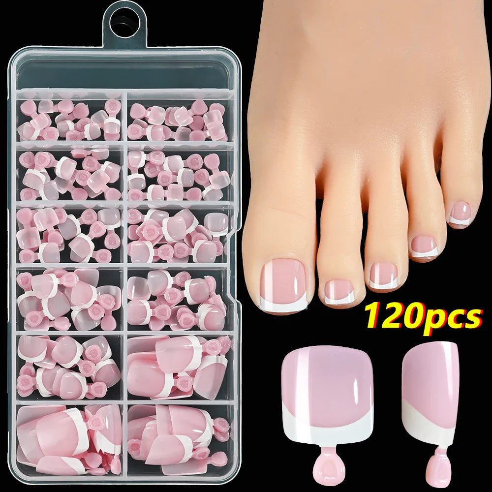 120Pcs Pink French Short Square Fake Nails 12-Sizes Full Cover Press On Nails Wearable Detachable Finished False Fingertips *TD