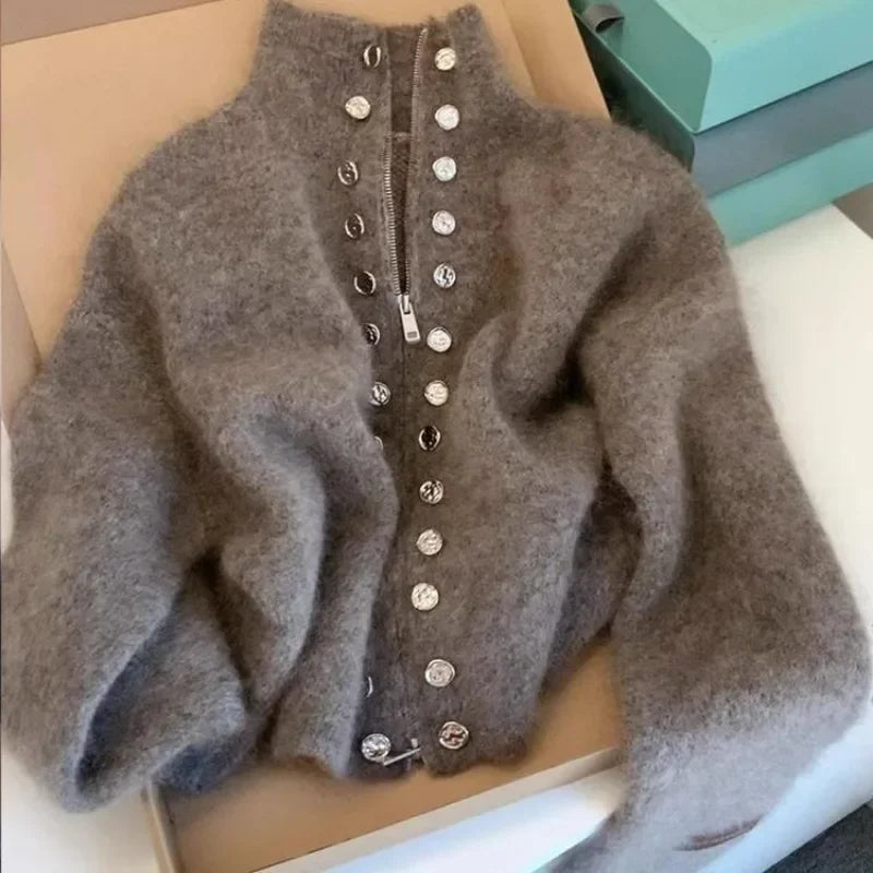Luxury Fluffy Knitted Cardigan Sweater Design Double Breasted Sweater Coat High-end Lazy Zipper 2000s Y2k Knit Top