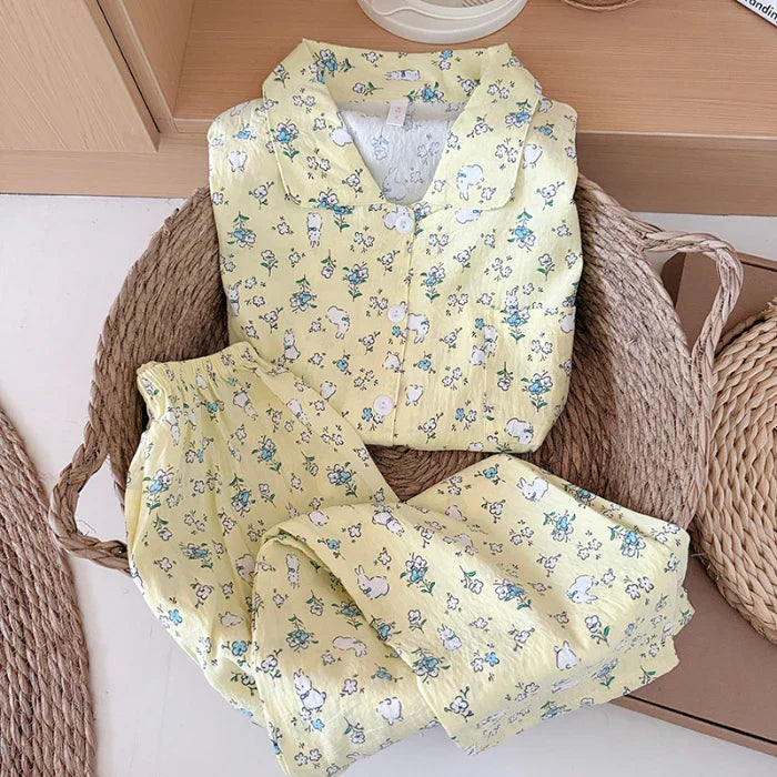 Sweet Cute Goose Print Korean Pajamas Nightwear Kawaii Casual Lapel Neck Y2K Pajamas Set Loungewear