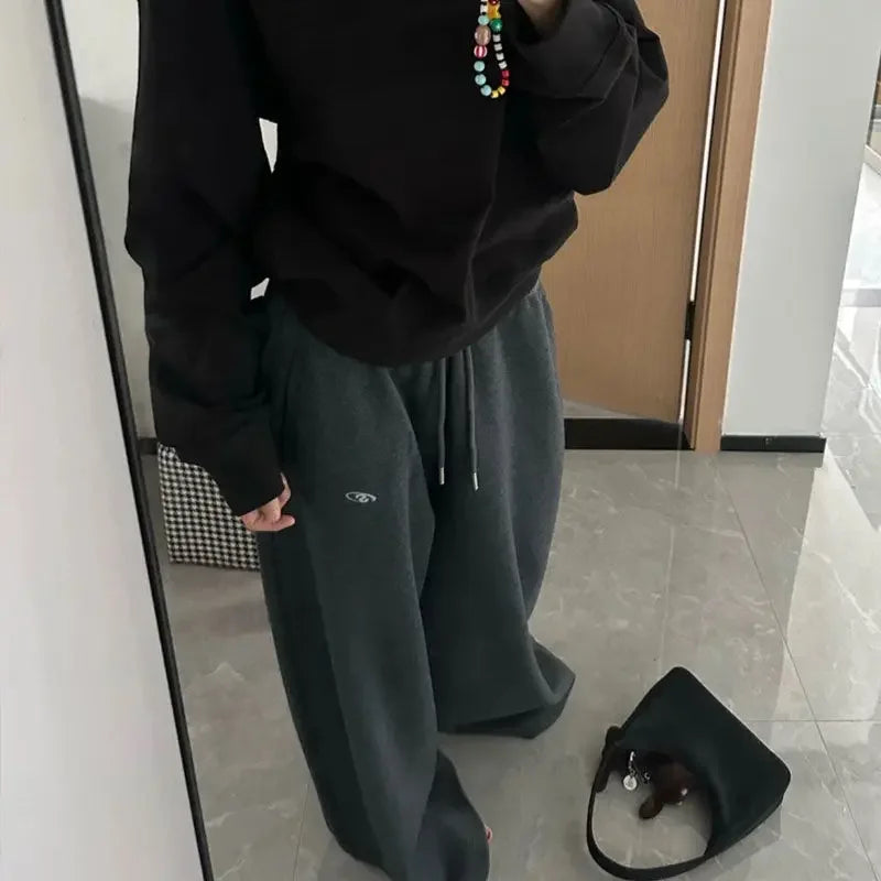 American Retro Hip-Hop Oversized Black Casual Sweatpants Korean Streetwear Loose Jogging Pants High Waist Wide-Leg Pants