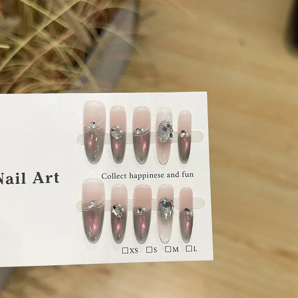 Sweet Lovely Cartoon Bear Long Coffin Stiletto Fake Nails Bowknot Pearl Diamond Flowers Cat Eyes Wearable Fake Nails