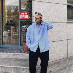 Blue Vertical Striped Long-Sleeved Shirt, Korean Style Casual Shirt Coat