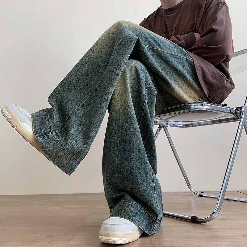 Distressed Vintage Blue Jeans Wide-leg Denim Trousers Male Oversize Streetwear Casual Baggy Straight Jeans