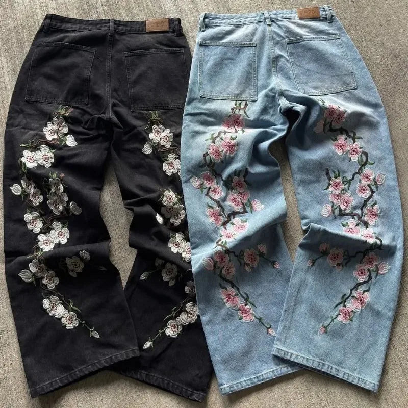 Harajuku Hip Hop baggy jeans Y2K goth plum blossom Embroidered jeans man American style street wear