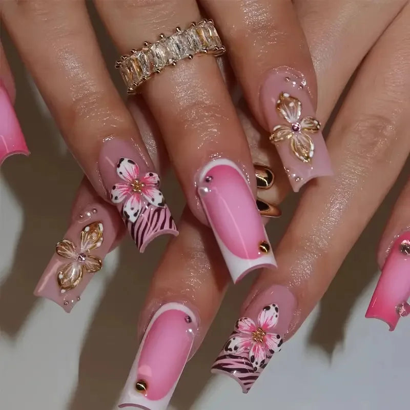24Pcs Long Coffin Leopard Print False Nails with Glue Sweet Cool Diamond Fake Nail Set Floral French Press on Wearable Nail Tips