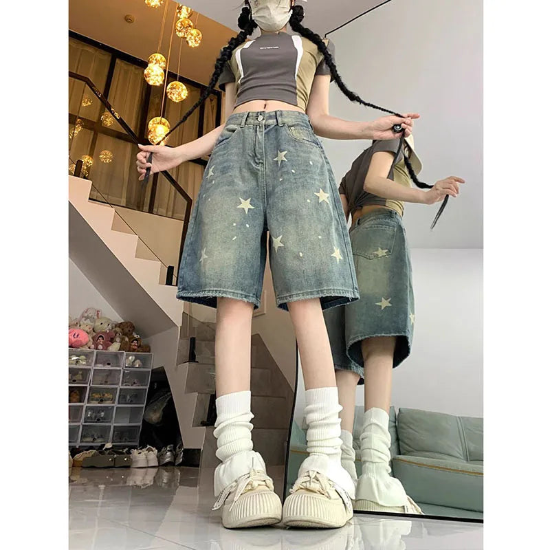 American Style Vintage Short Jeans High Waisted Washed Wide Leg Denim Pants Do Old Star Knee Length Shorts