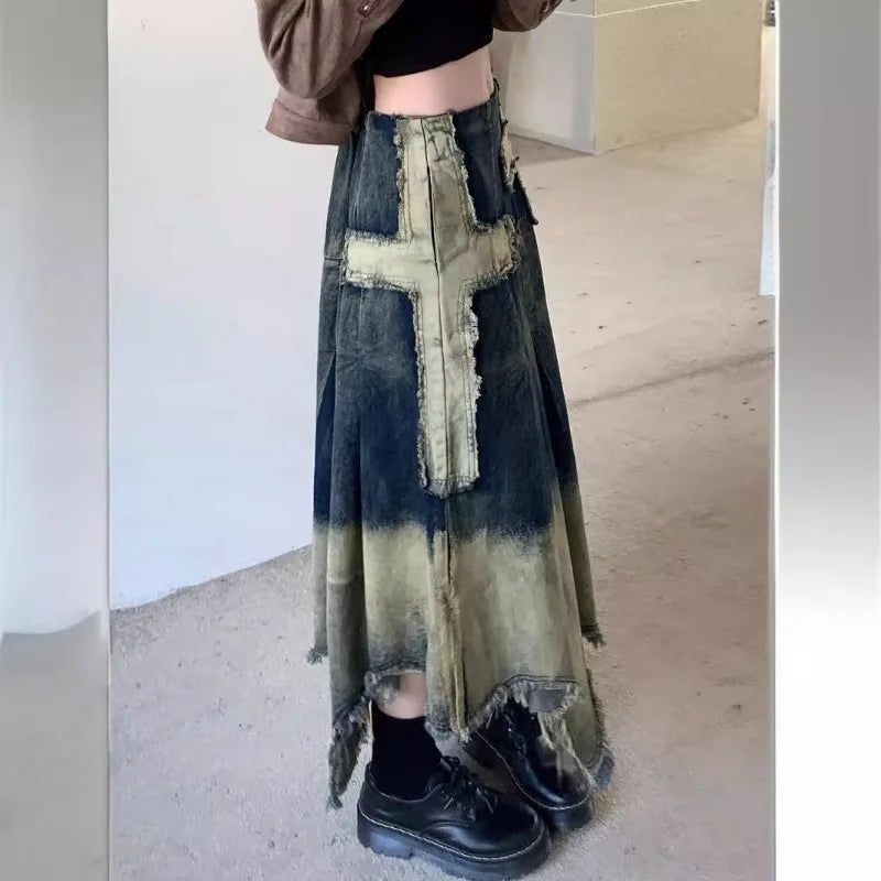 Vintage Cross Fringed Denim Skirt, High Waist A-line Slimming Irregular Mid Length Skirt,