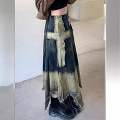 Vintage Cross Fringed Denim Skirt, High Waist A-line Slimming Irregular Mid Length Skirt,