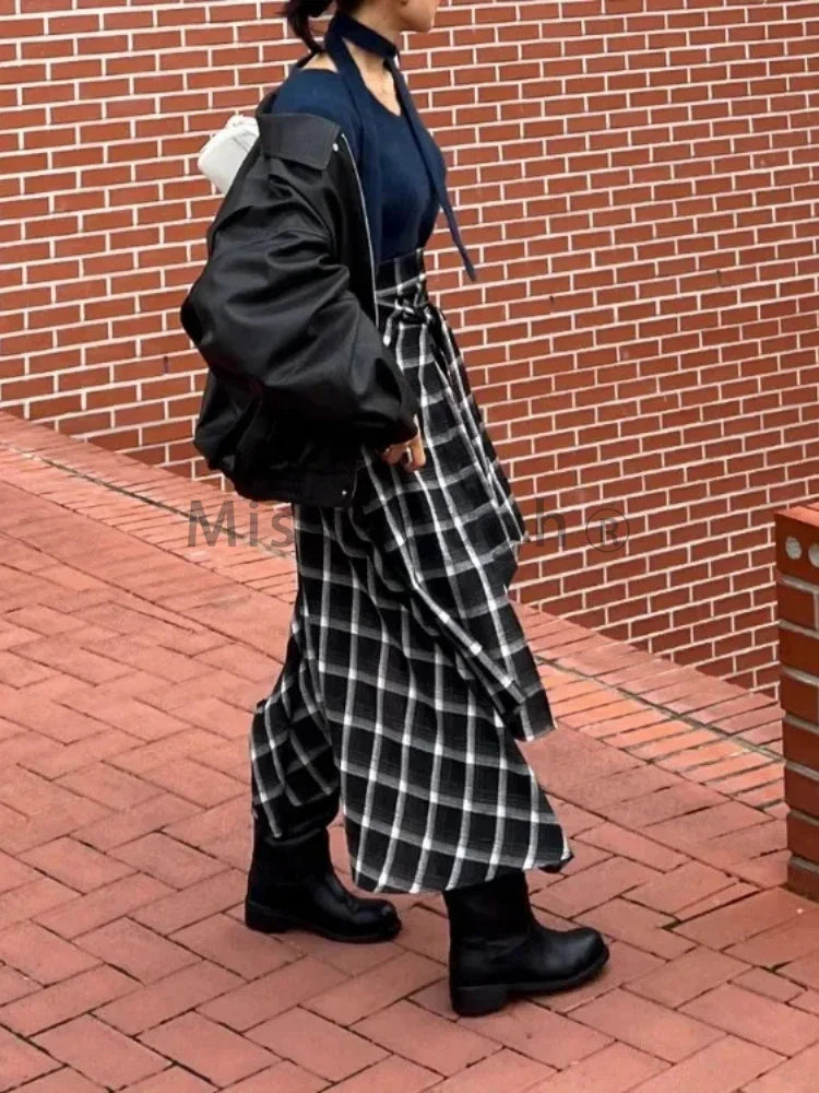 Korean Vintage Black Plaid Skirt Y2k High Waist Irregular Retro Skirt Chic Desing Sense All-match Clothes