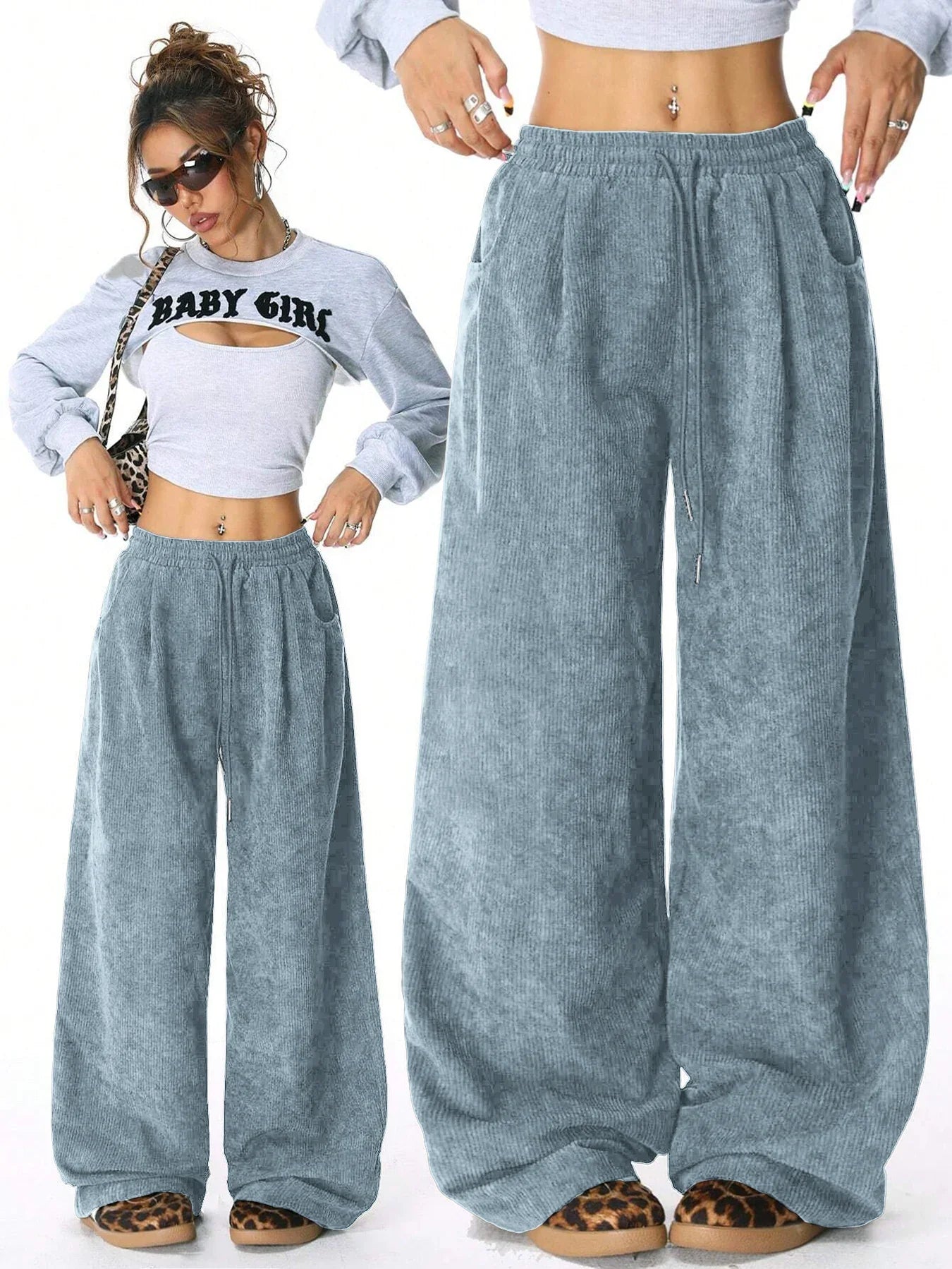 Retro Corduroy Cargo Pants Casual Drawstring Straight Sports Pants Drape Daily Commuting Wide Leg Pants