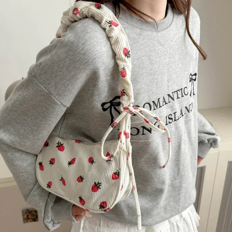 Small Underarm Bag Corduroy Handbag Cute Strawberry Print Little Tote Half Moon Design Eco Cloth Purse Mini Shoulder Bags