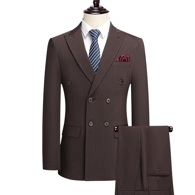 Wedding suit 3 Piece Striped wine red groom suit High-end business suit set Double-breasted dress