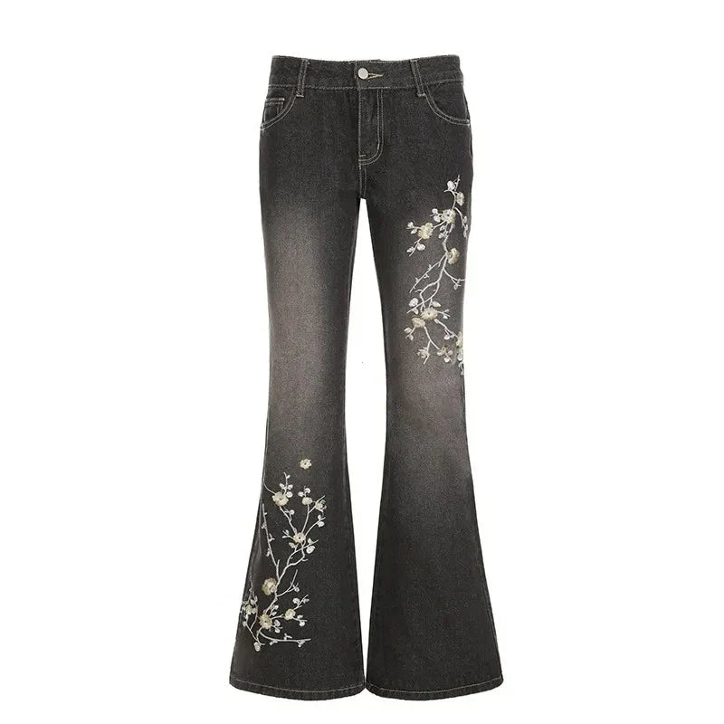 Floral Embroidery Jeans Vintage 2000s Low Rise Flared Jeans Retro Y2k Baggy Denim Pants High Street Basic Trousers