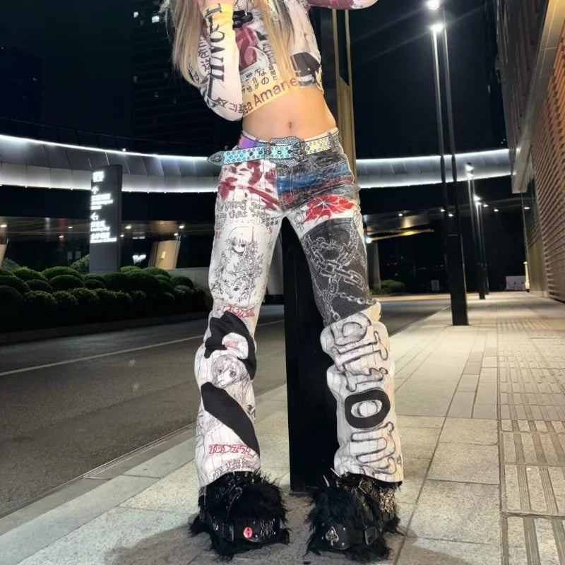 Y2K High Street Retro Graffiti Printed Baggy Jeans Streetwear Hip Hop Loose Japanese Millennium Casual Straight Jeans